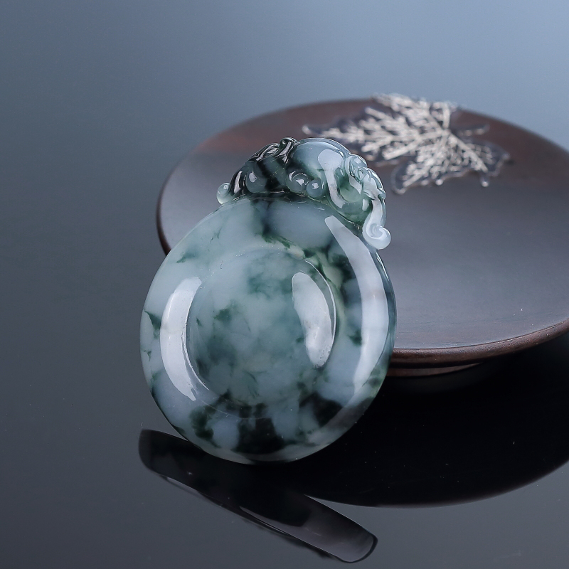 缅甸糯种飘花翡翠双龙扣吊坠-红掌柜