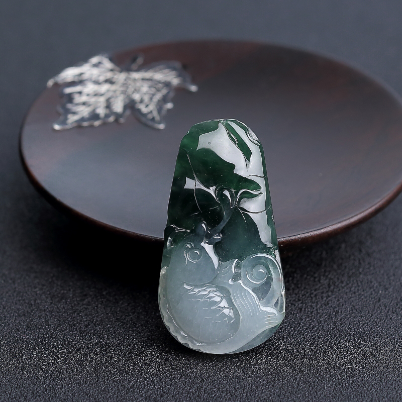 缅甸天然糯种飘花翡翠连年有余吊坠 - 红掌柜