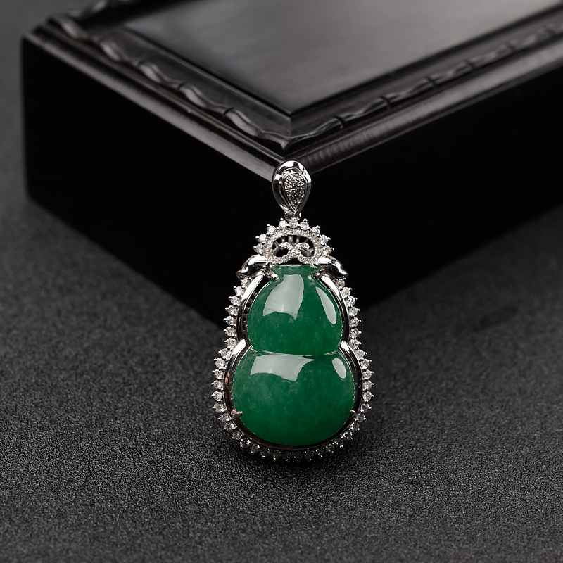 缅甸A货天然18k镶糯种深绿翡翠葫芦吊坠 - 红掌柜