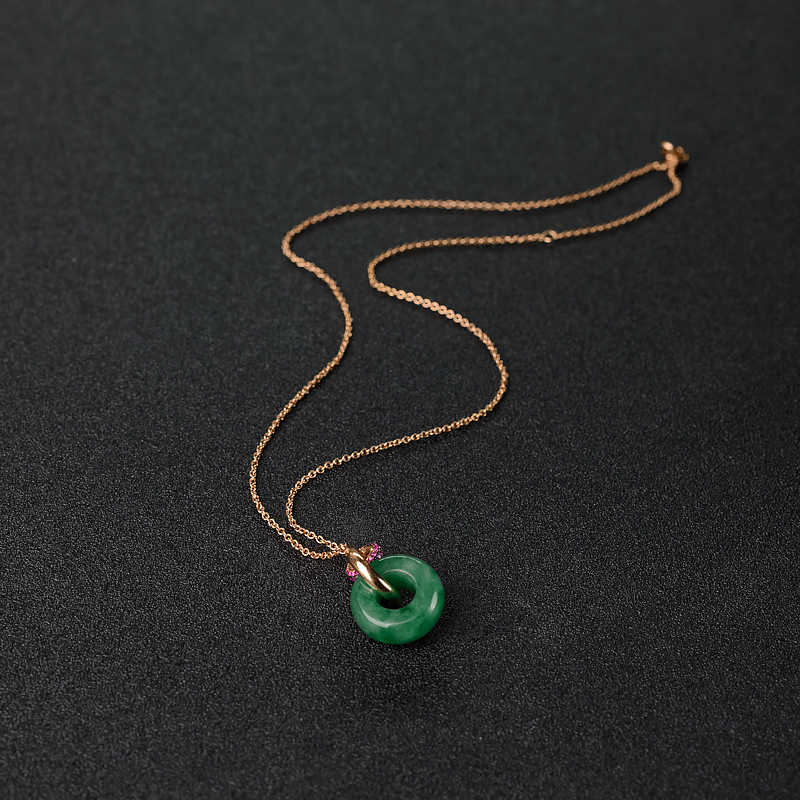 18k金镶天然糯种翠色翡翠平安扣项链-红掌柜