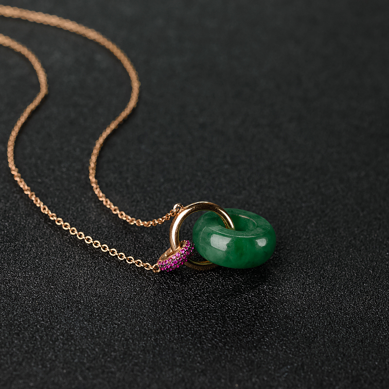 18k金镶糯种翠色翡翠平安扣项链-红掌柜