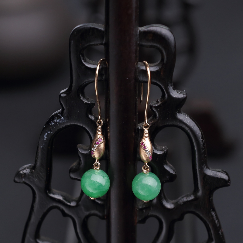 18k金镶糯种翠色翡翠耳环-红掌柜