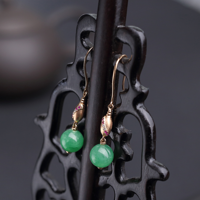 糯种翠色翡翠耳环-红掌柜