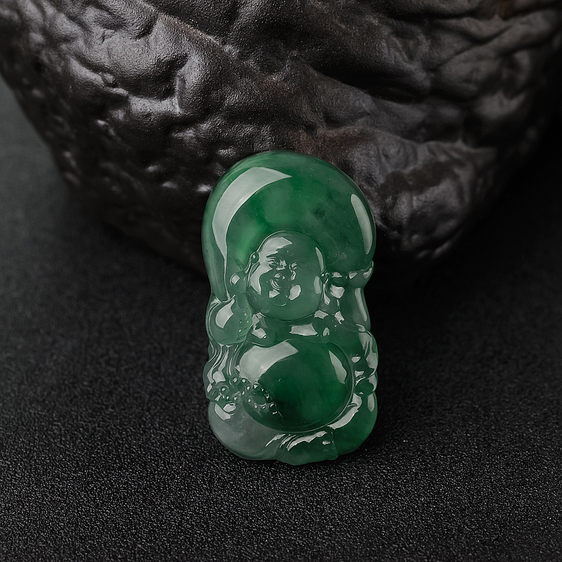 糯冰种翠色翡翠弥勒佛吊坠-红掌柜
