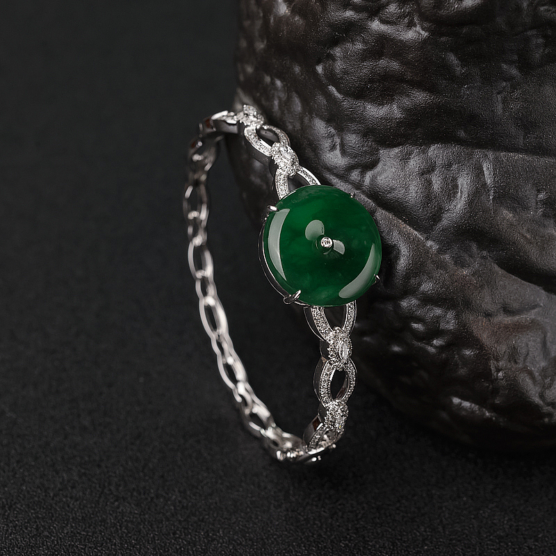 18K金镶钻糯冰种翠色翡翠手镯-红掌柜