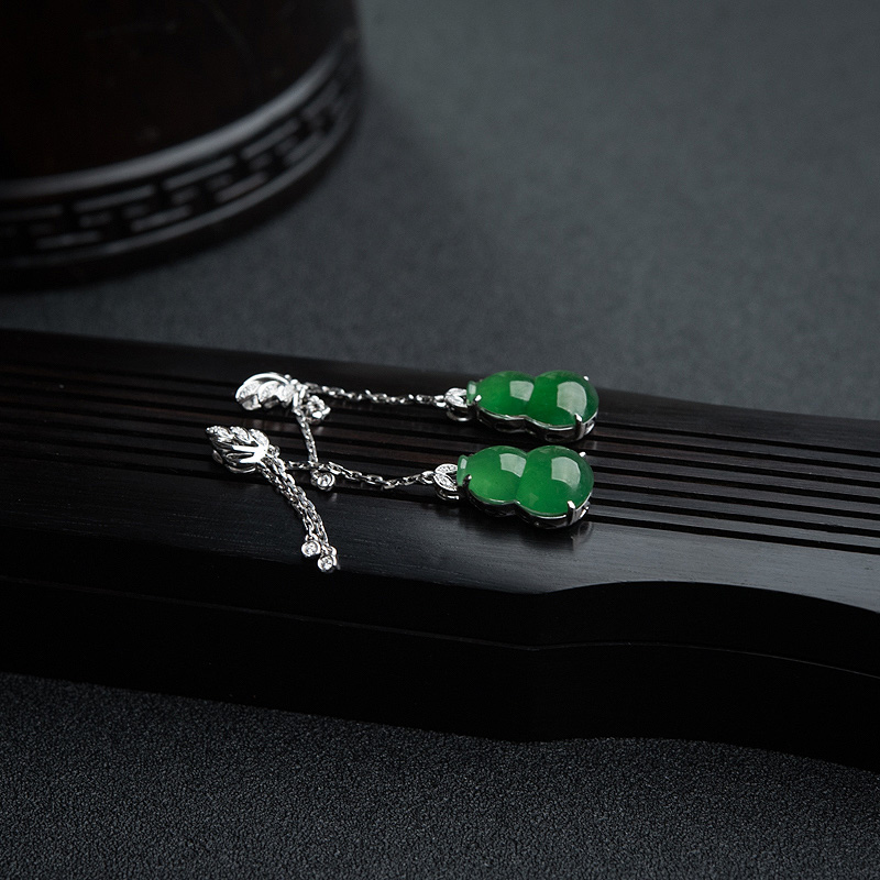 天然糯冰种翠色翡翠葫芦耳坠-红掌柜