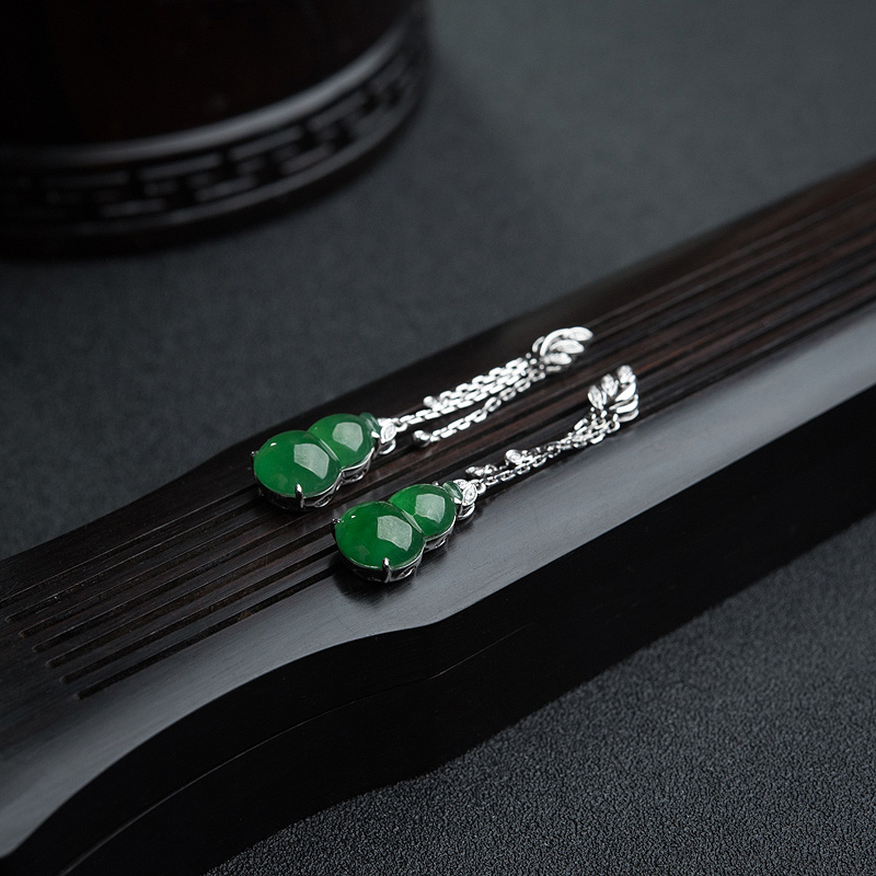 缅甸糯冰种翠色翡翠葫芦耳坠-红掌柜