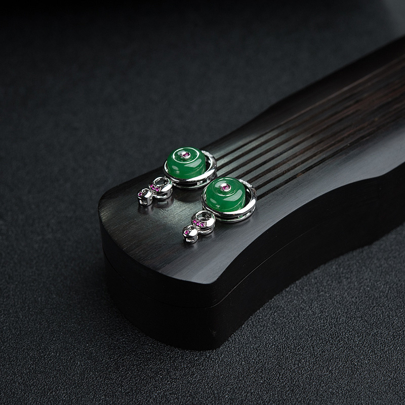 天然糯种翠色翡翠耳钉-红掌柜