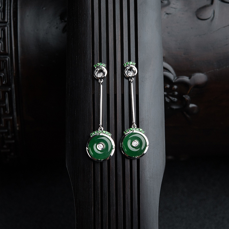 18K金镶钻糯种翠色翡翠耳坠-红掌柜