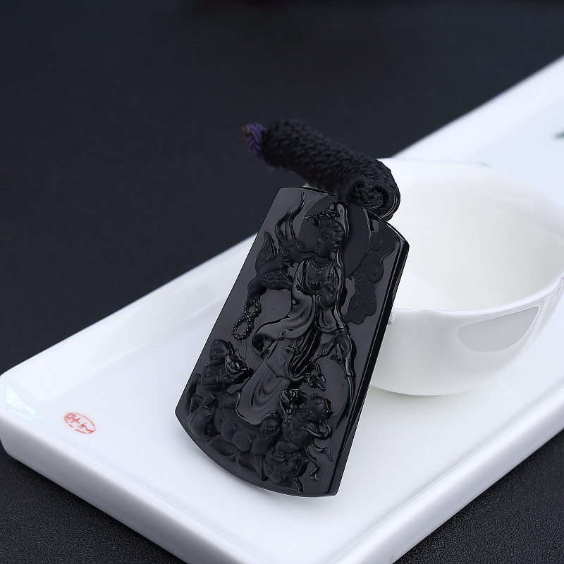 天然冰糯种墨翠童子拜观音吊坠 - 红掌柜