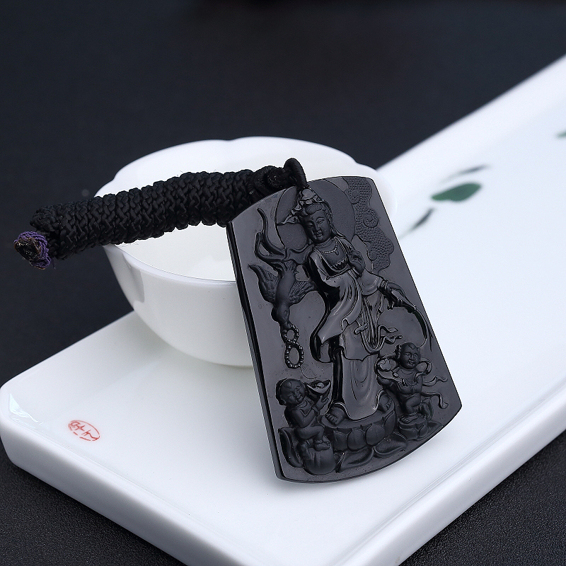 冰糯种墨翠童子拜观音吊坠 - 红掌柜