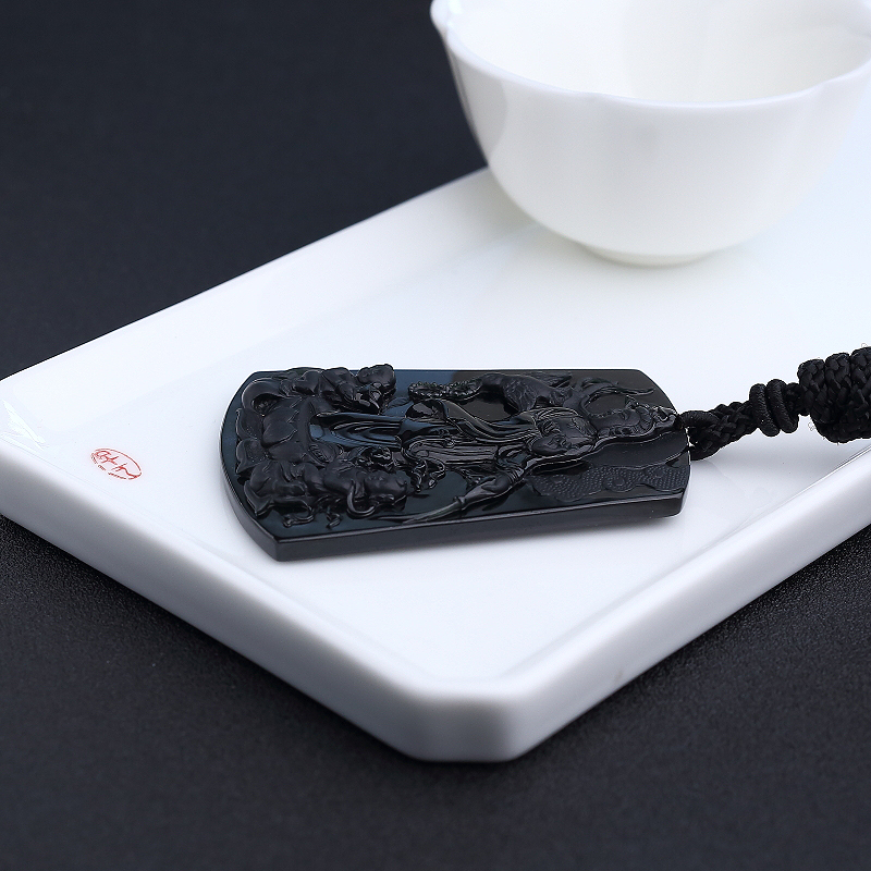 缅甸冰糯种墨翠童子拜观音吊坠 - 红掌柜