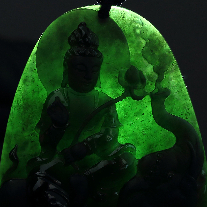 缅甸冰糯种墨翠菩萨吊坠 - 红掌柜