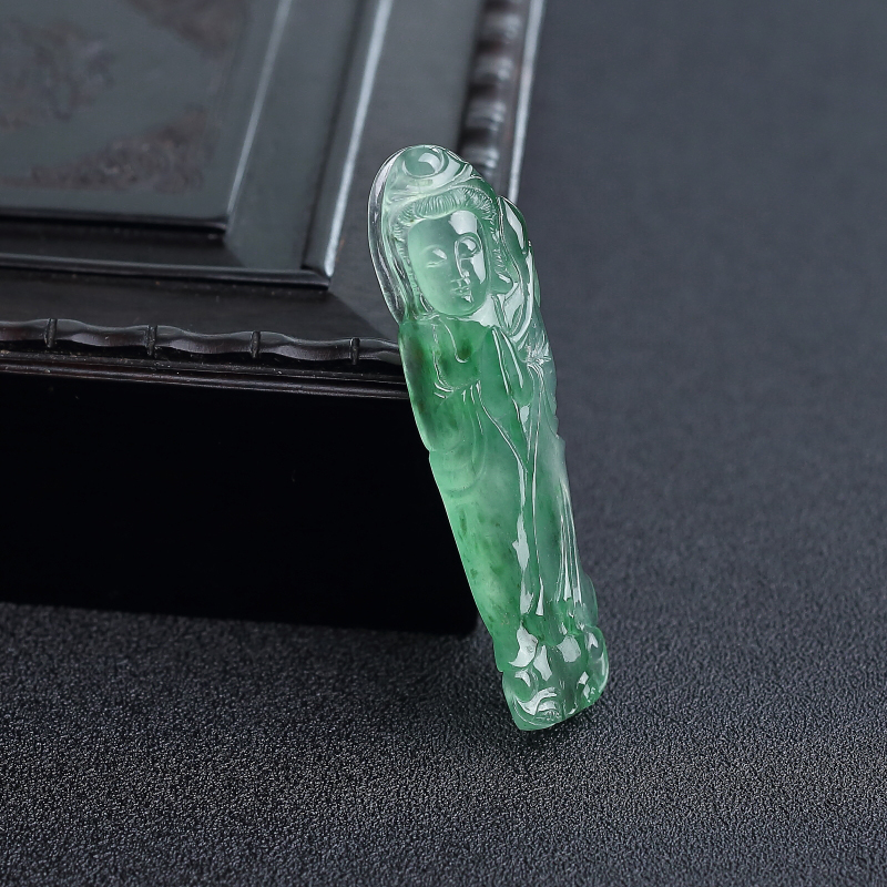 A货天然冰种飘绿翡翠观音吊坠 - 红掌柜