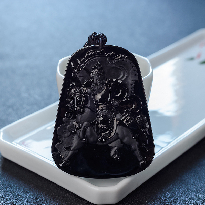 糯冰种墨翠关公吊坠-红掌柜