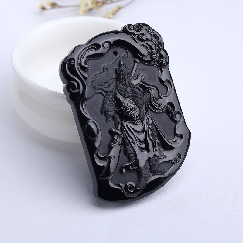 缅甸糯冰种墨翠关公吊坠-红掌柜