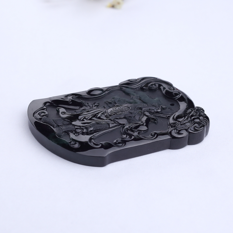 天然糯冰种墨翠关公吊坠-红掌柜