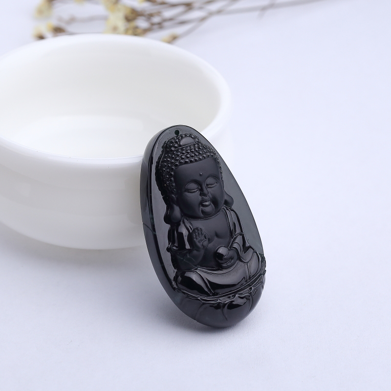 缅甸糯冰种墨翠宝宝佛吊坠-红掌柜