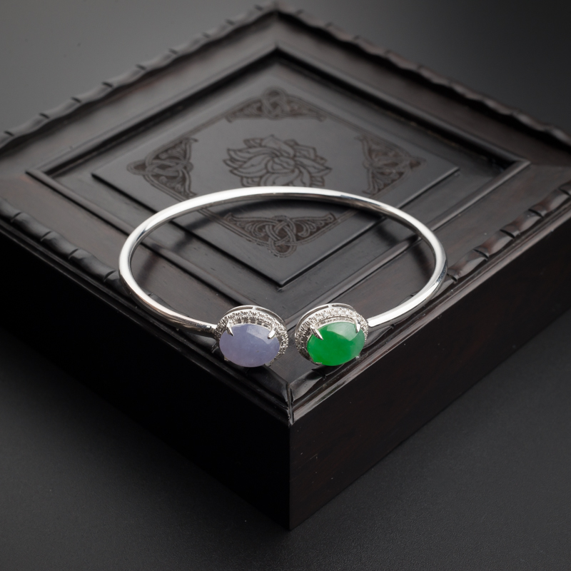 A货天然18K镶冰糯种春带彩翡翠手镯 - 红掌柜