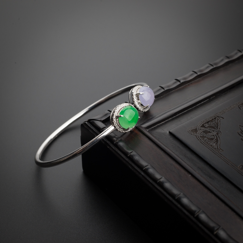 天然18K镶冰糯种春带彩翡翠手镯 - 红掌柜