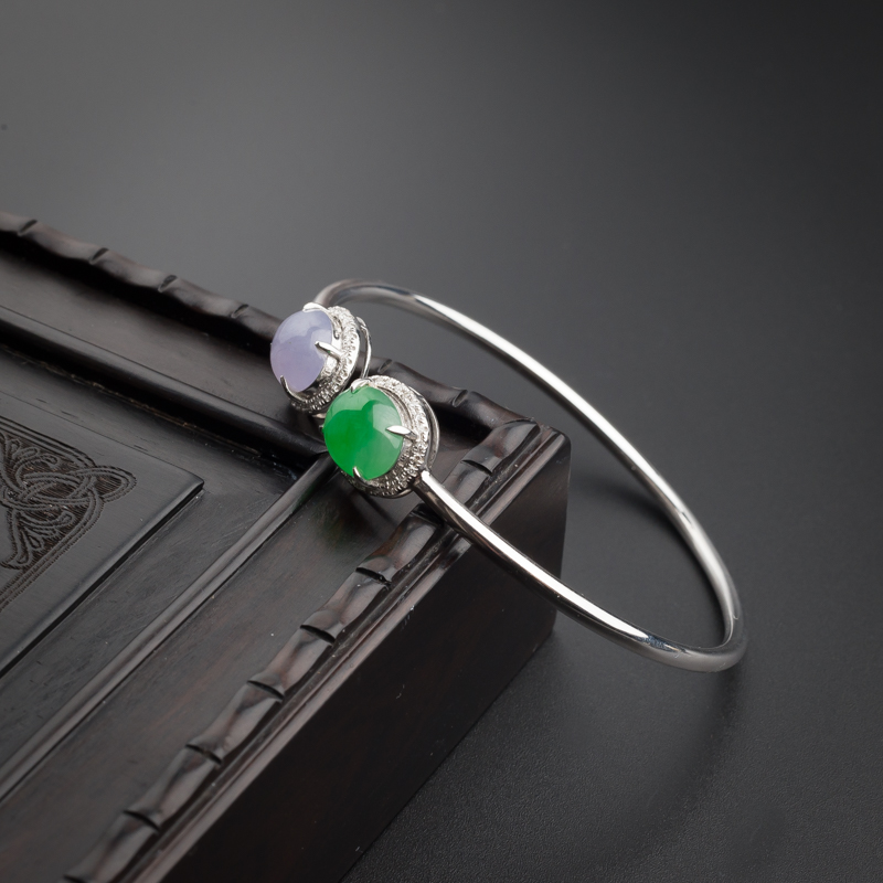 18K镶冰糯种春带彩翡翠手镯 - 红掌柜