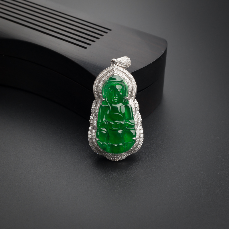 缅甸A货天然18K金镶冰种阳绿观音翡翠吊坠 - 红掌柜