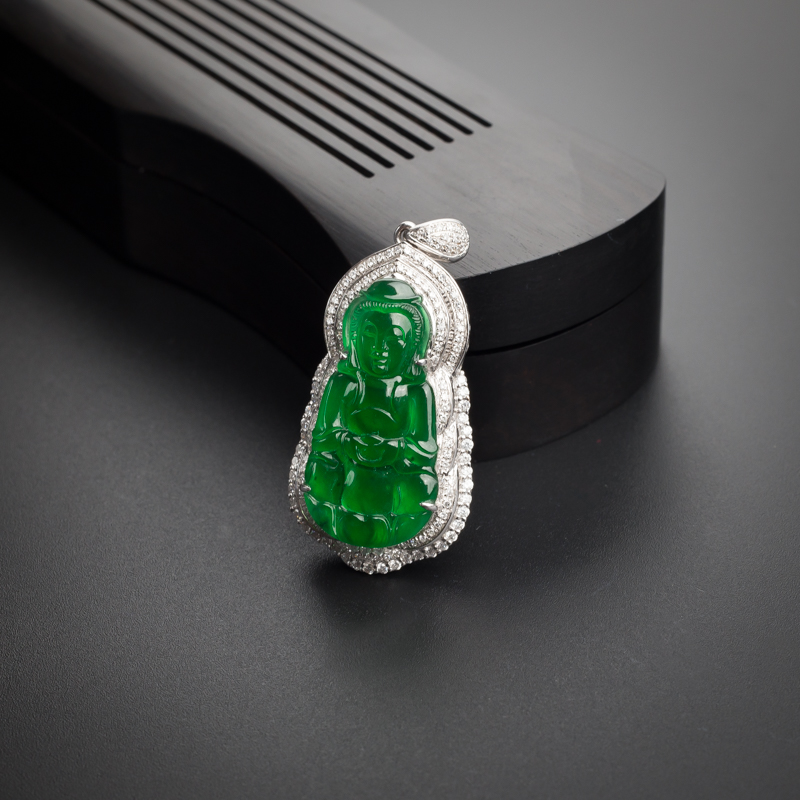 天然18K金镶冰种阳绿观音翡翠吊坠 - 红掌柜