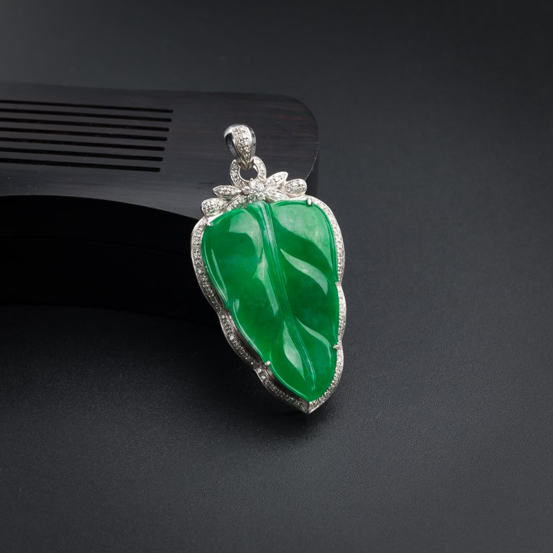 A货天然18K金镶糯种黄阳绿叶子翡翠吊坠 - 红掌柜