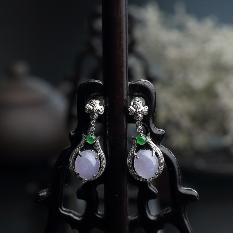 18K金镶缅甸冰糯种紫罗兰翡翠耳坠-红掌柜