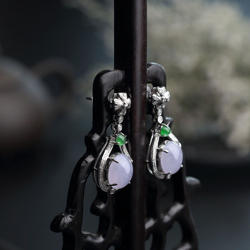 缅甸冰糯种紫罗兰翡翠耳坠-红掌柜