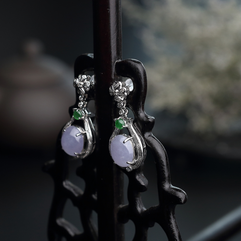 18K金镶冰糯种紫罗兰翡翠耳坠-红掌柜