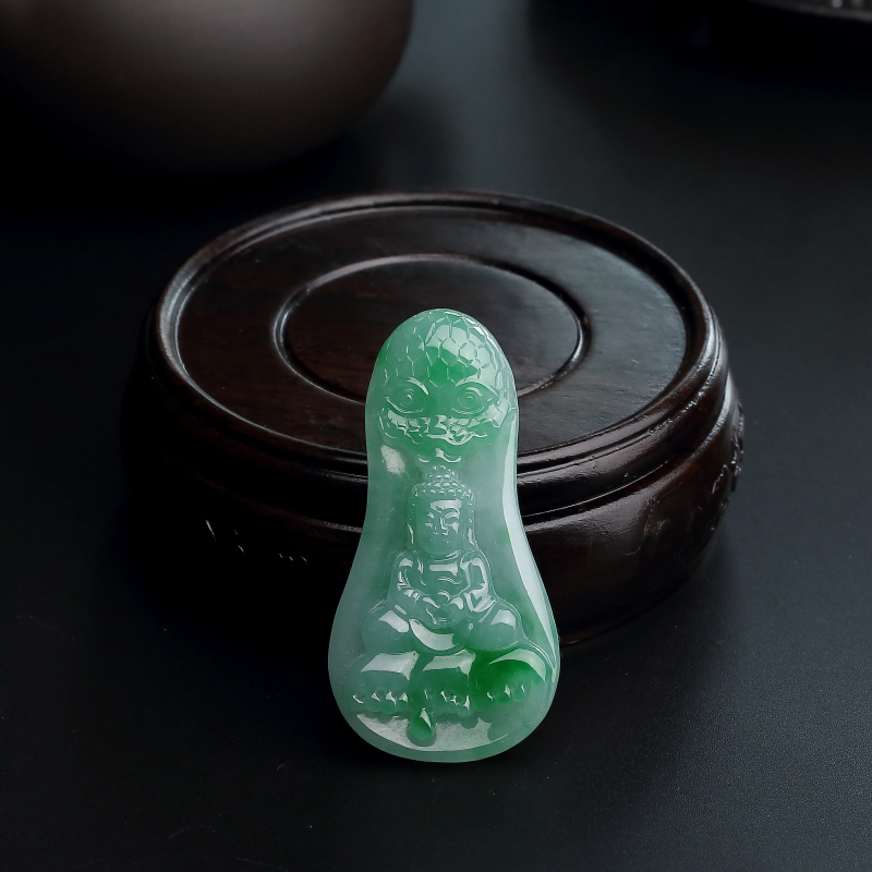 缅甸天然糯种飘绿翡翠佛吊坠-红掌柜