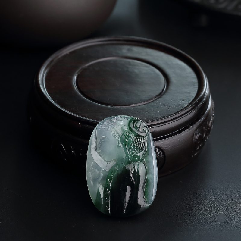 缅甸天然冰糯种飘浓绿翡翠美女吊坠-红掌柜