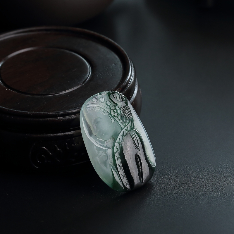 天然冰糯种飘浓绿翡翠美女吊坠-红掌柜