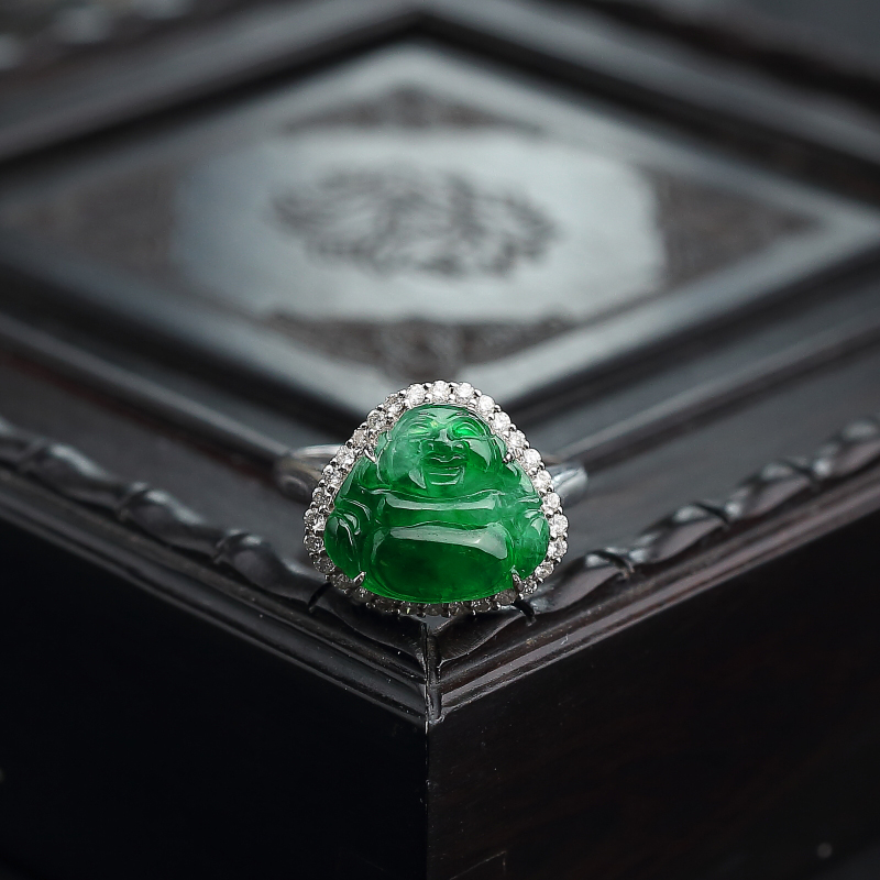 18K镶冰糯种阳绿佛戒指 - 红掌柜