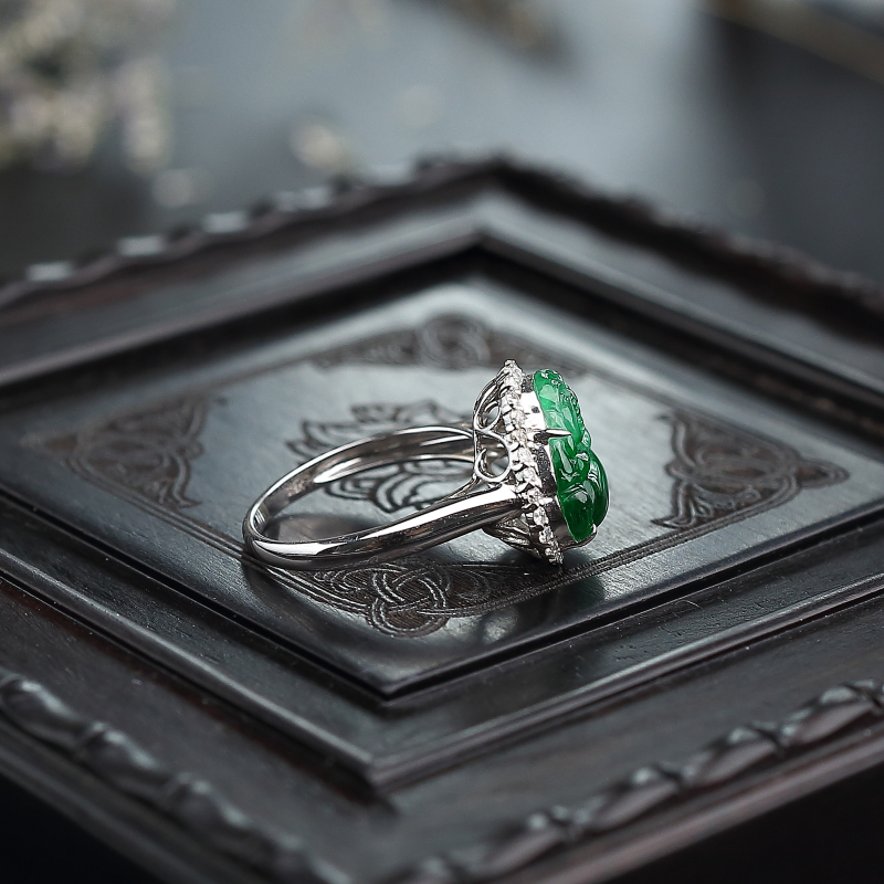 天然冰糯种阳绿佛戒指 - 红掌柜