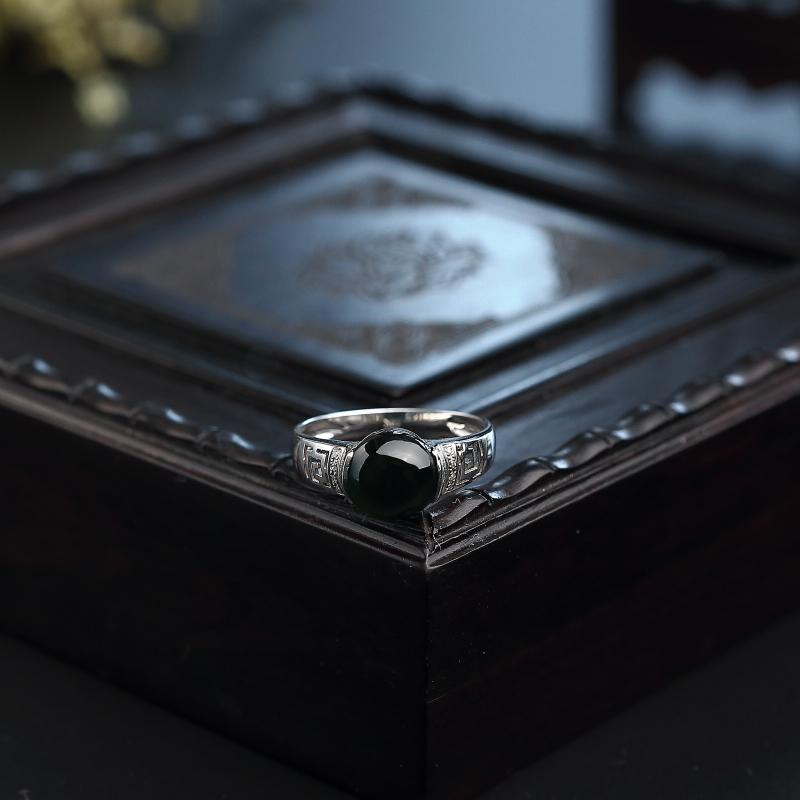 缅甸A货天然18K镶糯种墨翠戒指 - 红掌柜