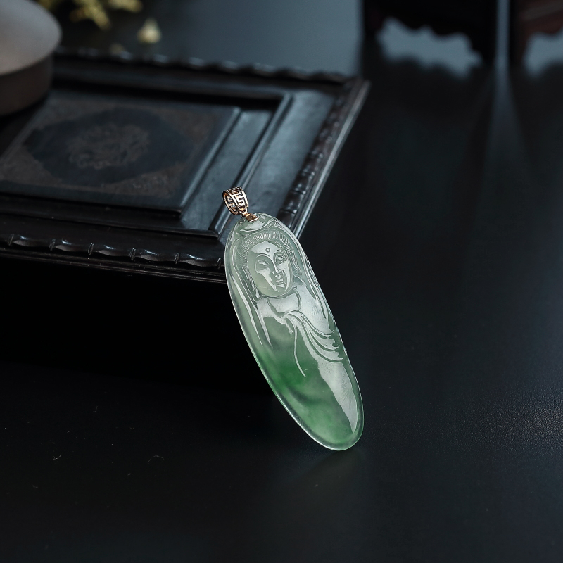 天然18K金镶冰糯种浅绿翡翠观音吊坠 - 红掌柜