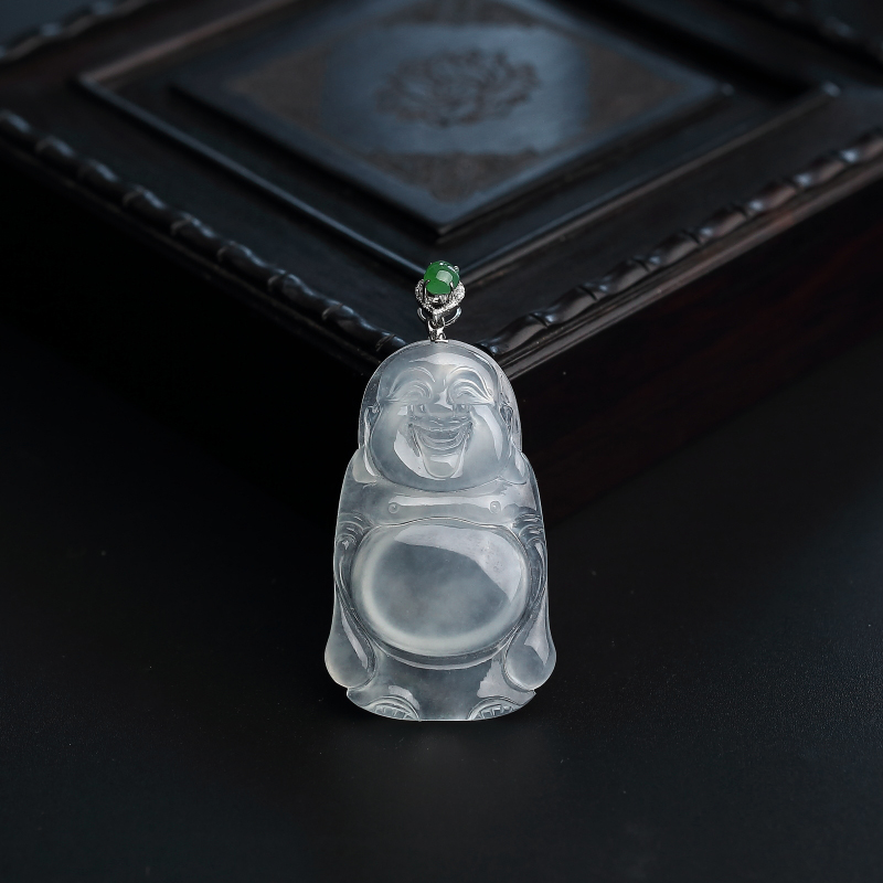 缅甸A货天然18K金镶冰种浅绿翡翠佛吊坠 - 红掌柜