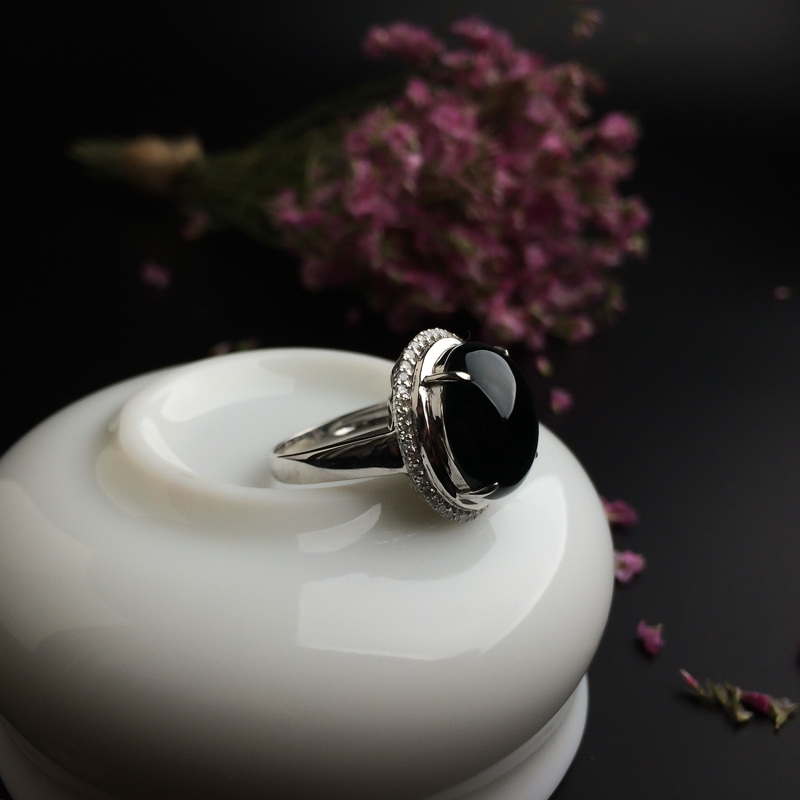 A货天然18K金镶糯种墨翠戒指 - 红掌柜