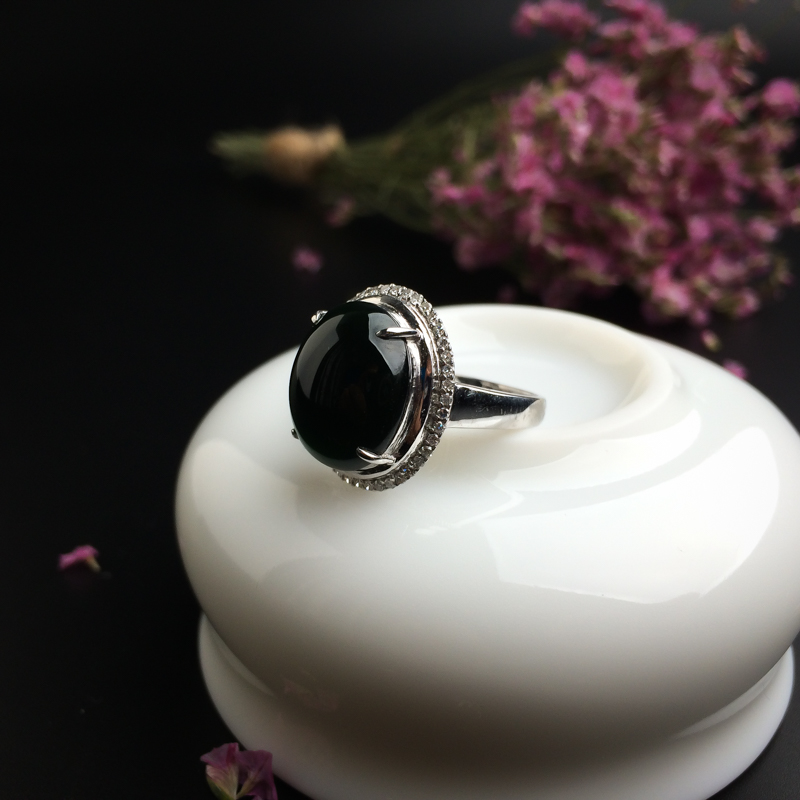 18K金镶糯种墨翠戒指 - 红掌柜