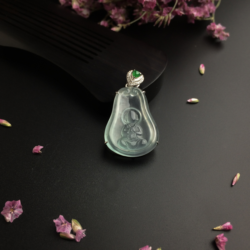 缅甸天然18K金镶冰种晴水翡翠佛吊坠 - 红掌柜