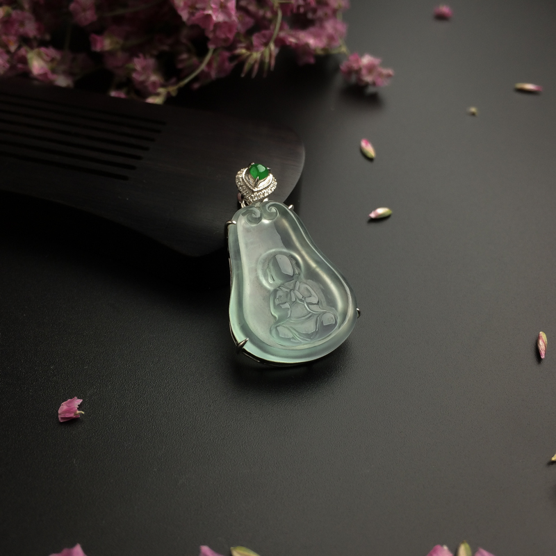 天然18K金镶冰种晴水翡翠佛吊坠 - 红掌柜