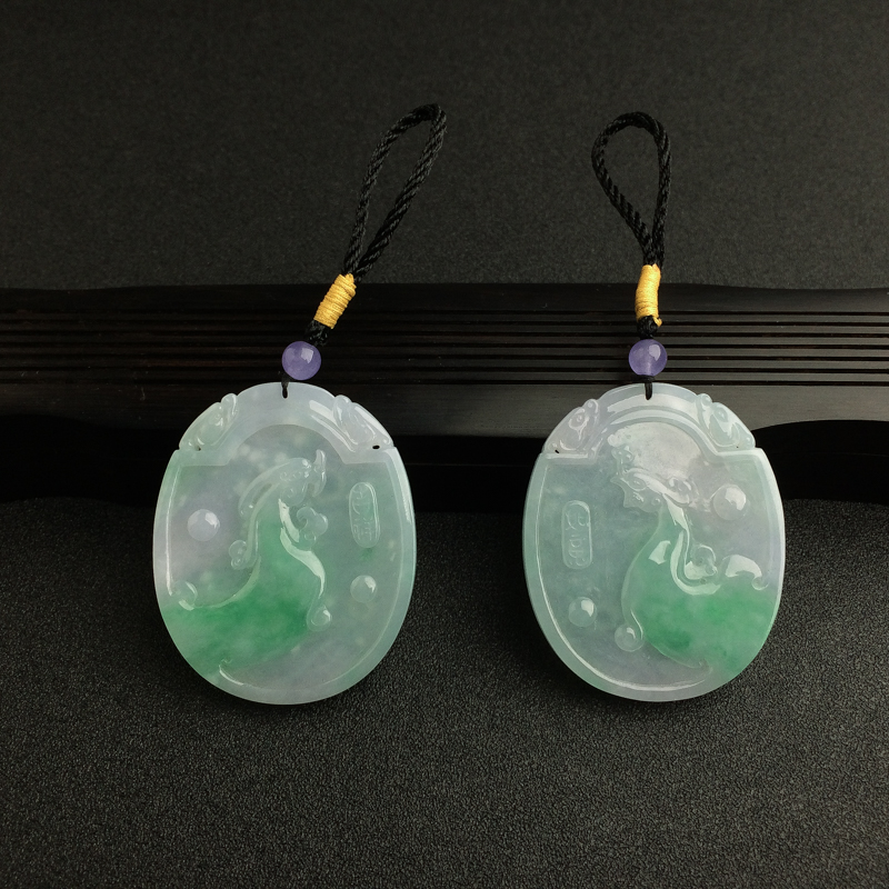 缅甸天然糯种飘绿翡翠古龙凤吊坠 - 红掌柜