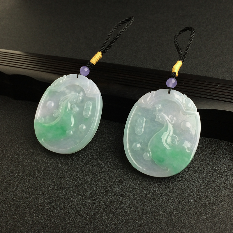 糯种飘绿翡翠古龙凤吊坠 - 红掌柜