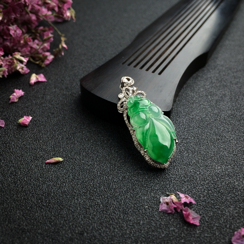 18K金镶冰糯种翡翠金鱼吊坠 - 红掌柜