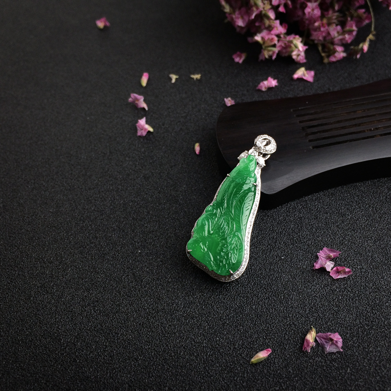 18K金镶阳绿翡翠凤凰吊坠 - 红掌柜