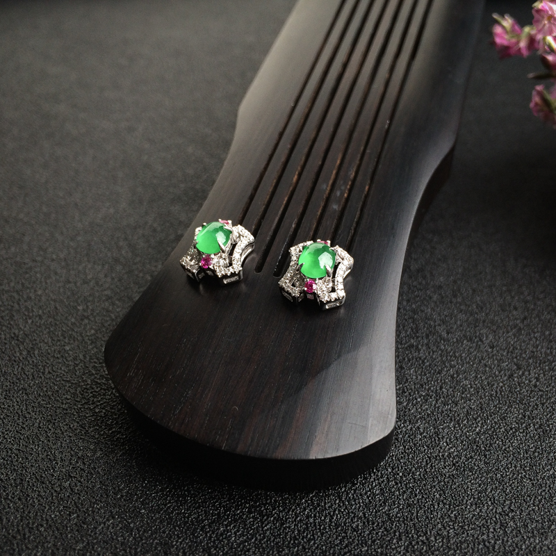 18K金镶阳绿翡翠耳钉 - 红掌柜