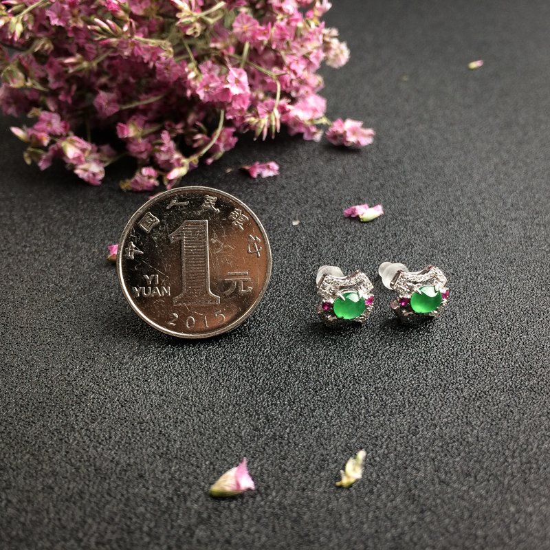 天然冰糯种阳绿翡翠耳钉 - 红掌柜