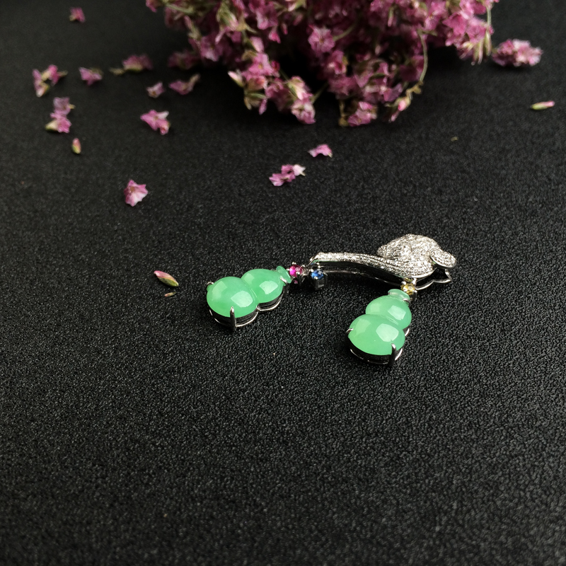 18K金镶天然糯种苹果绿葫芦吊坠-红掌柜